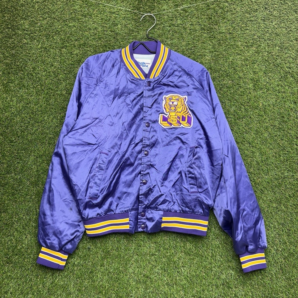 Vintage 1980s LSU Chalk Line Satin Jacket Mens Large Purple Snap Close Lined